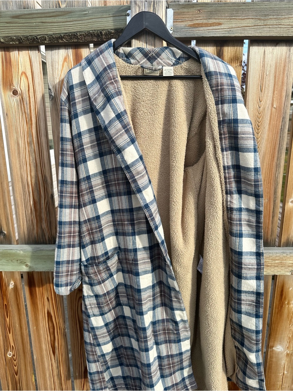 L.L. Bean Sherpa Lined Plaid Flannel Robe Cozy Unisex Oversized M Blue White